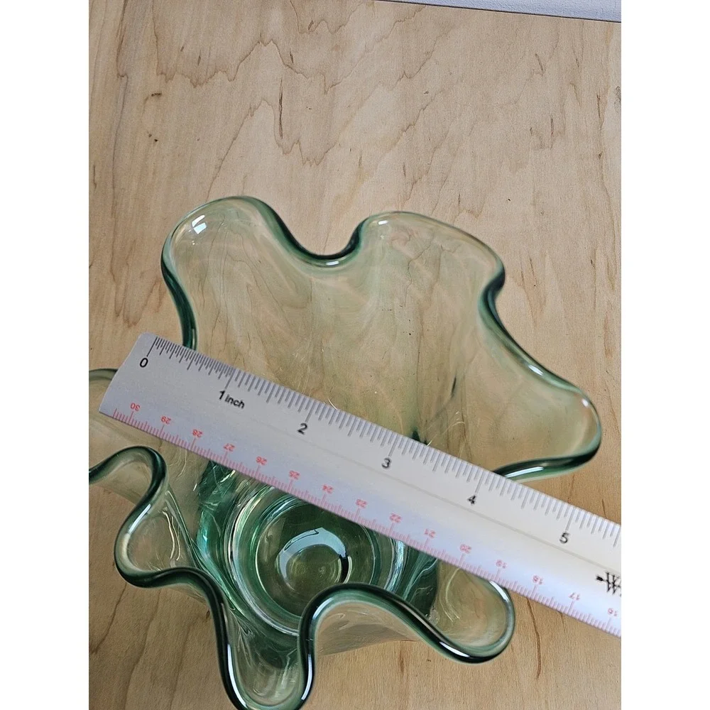 Hand Blown Art Glass Vase Clear Green Striped Ruffled Rim 7 Inch Decorative